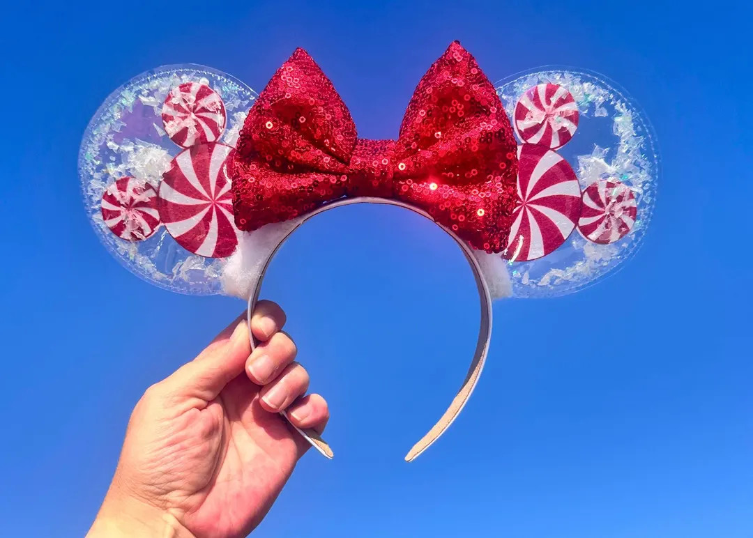 Red Peppermint Mickey Disney Christmas Ears Headband, Snow Globe Minnie Ears, Disneyland Mouse Ea... | Etsy (US)