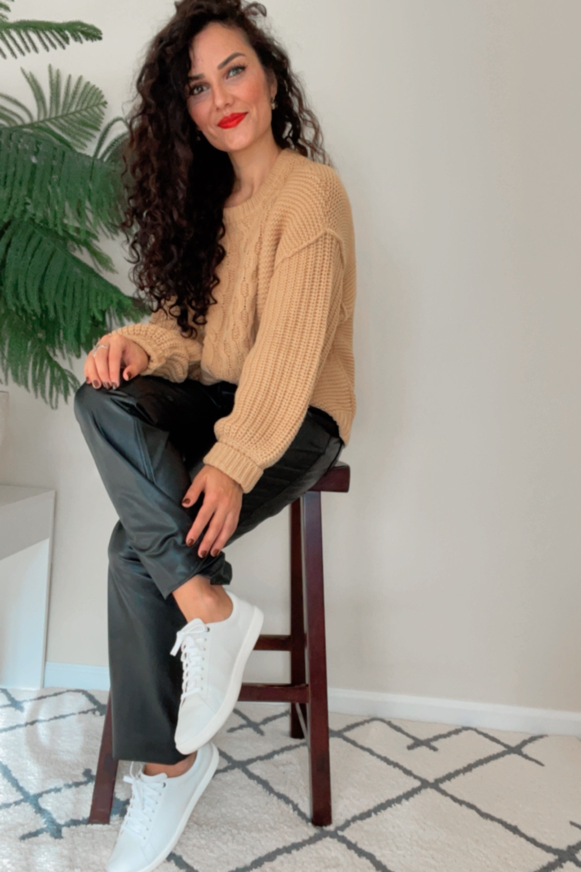 Classy Leather Pants style with cotton sweater