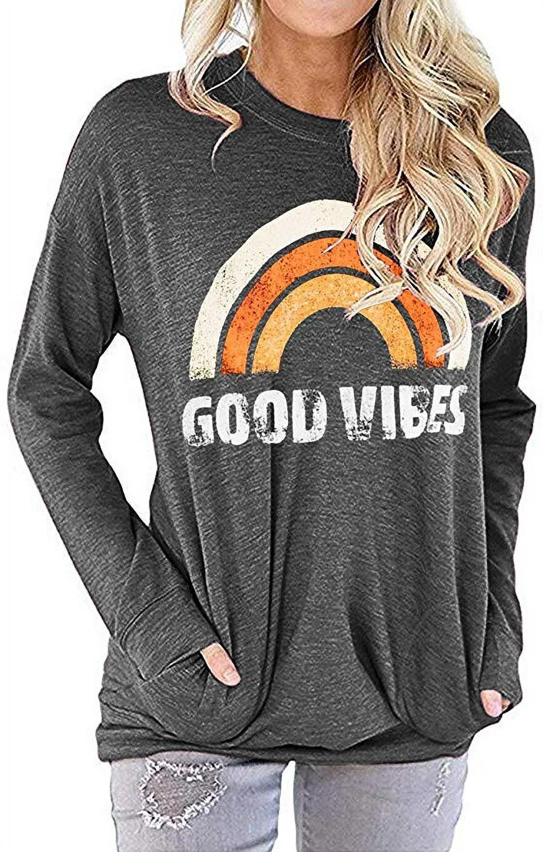 Women Good Vibes Blouse Hoodies Long Sleeve Casual Fall Tops Graphic Tee Shirt Sweaters | Walmart (US)