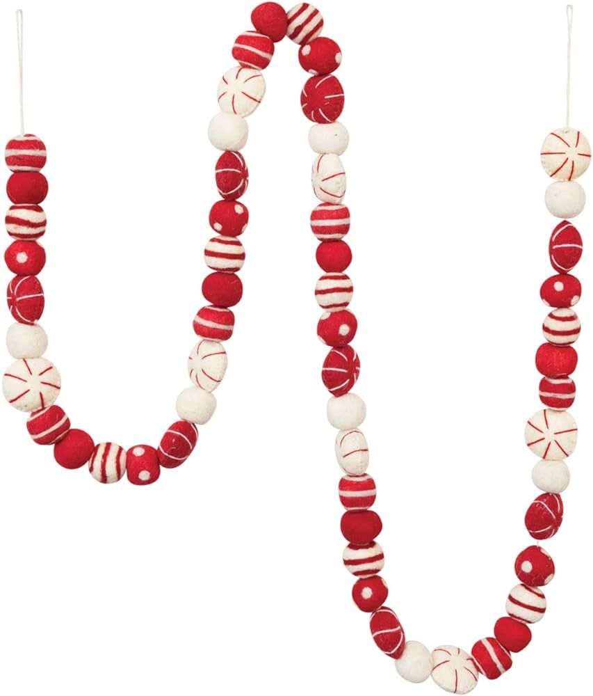 Creative Co-Op Wool Felt Ball Garland with Embroidery, Red and Cream | Amazon (US)