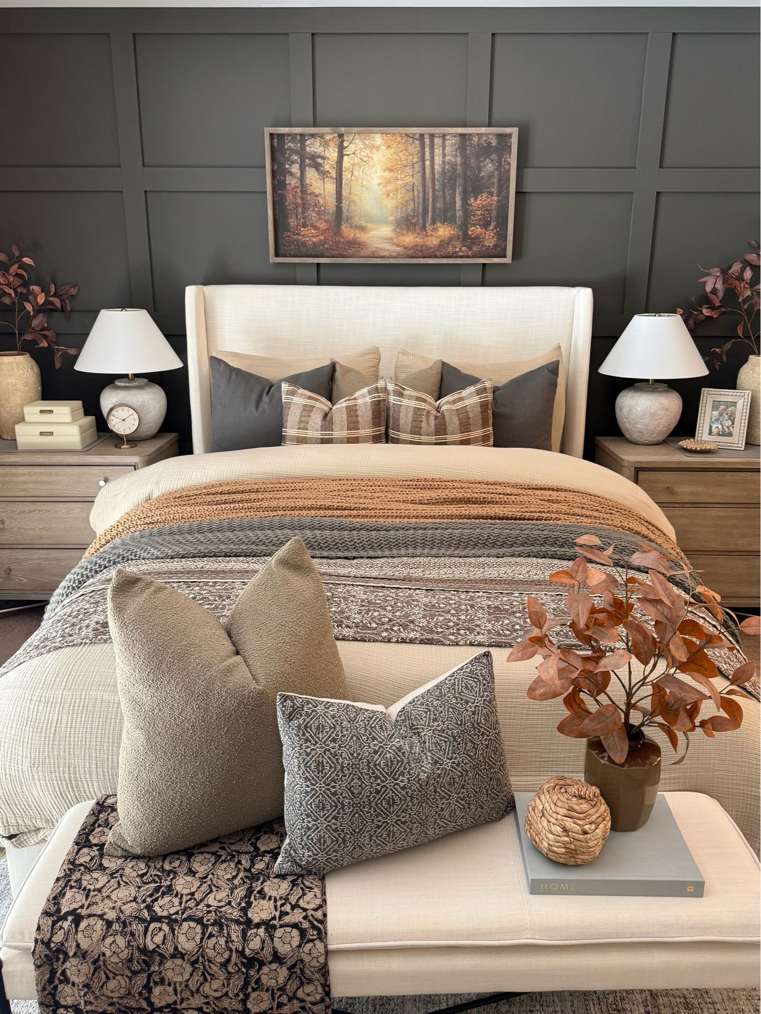 🍂 Ultimate Cozy Fall Bedroom. I wanted our bedroom to feel extra cozy this season, so I layered in all the warm textures and moody tones. From the chunky knit throws to the plaid pillows, every detail just makes me want to curl up and stay in bed all day.

The October Golden Hour sign from my sweet friend Brittany @currentlychic might be my favorite piece yet— it captures that dreamy fall glow perfectly. Shown here in a size 20x40 with Briarsmoke stain. Use my code FARMTOTABLE for 15% off. Two stems shown in each vase on nightstands  

#FallBedroom #BedroomDecor #BedroomStyling #FallHomeDecor #CozyBedroom #NeutralBedroom #OctoberGoldenHour #LayeredBedding #ThrowBlanket #DecorVase #FallStems #FallDecor #NightstandDecor #WallArt #BedroomRug

#LTKHome #LTKSeasonal #LTKSaleAlert