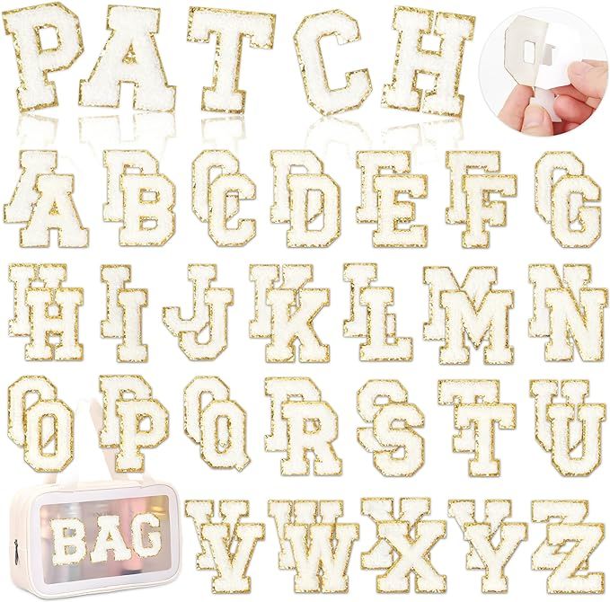White Chenille Letters Self-Adhesive Patches: KINGSOW 52PCS Self Adhesive Varsity Iron on Letter ... | Amazon (US)