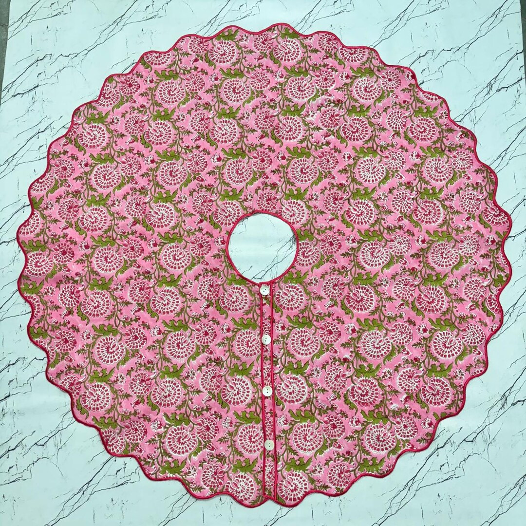 Pink Hand Block Printed Cotton Christmas Tree Skirt: Floral Embroidered Scalloped Farmhouse Decor... | Etsy (US)
