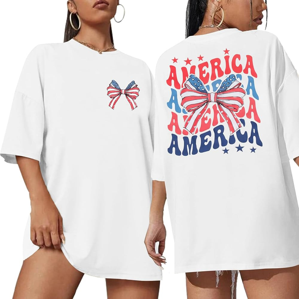 USA Flag T Shirts for Women 4th July American Star Stripes Bows Retro Patriotic Oversized Short S... | Amazon (US)