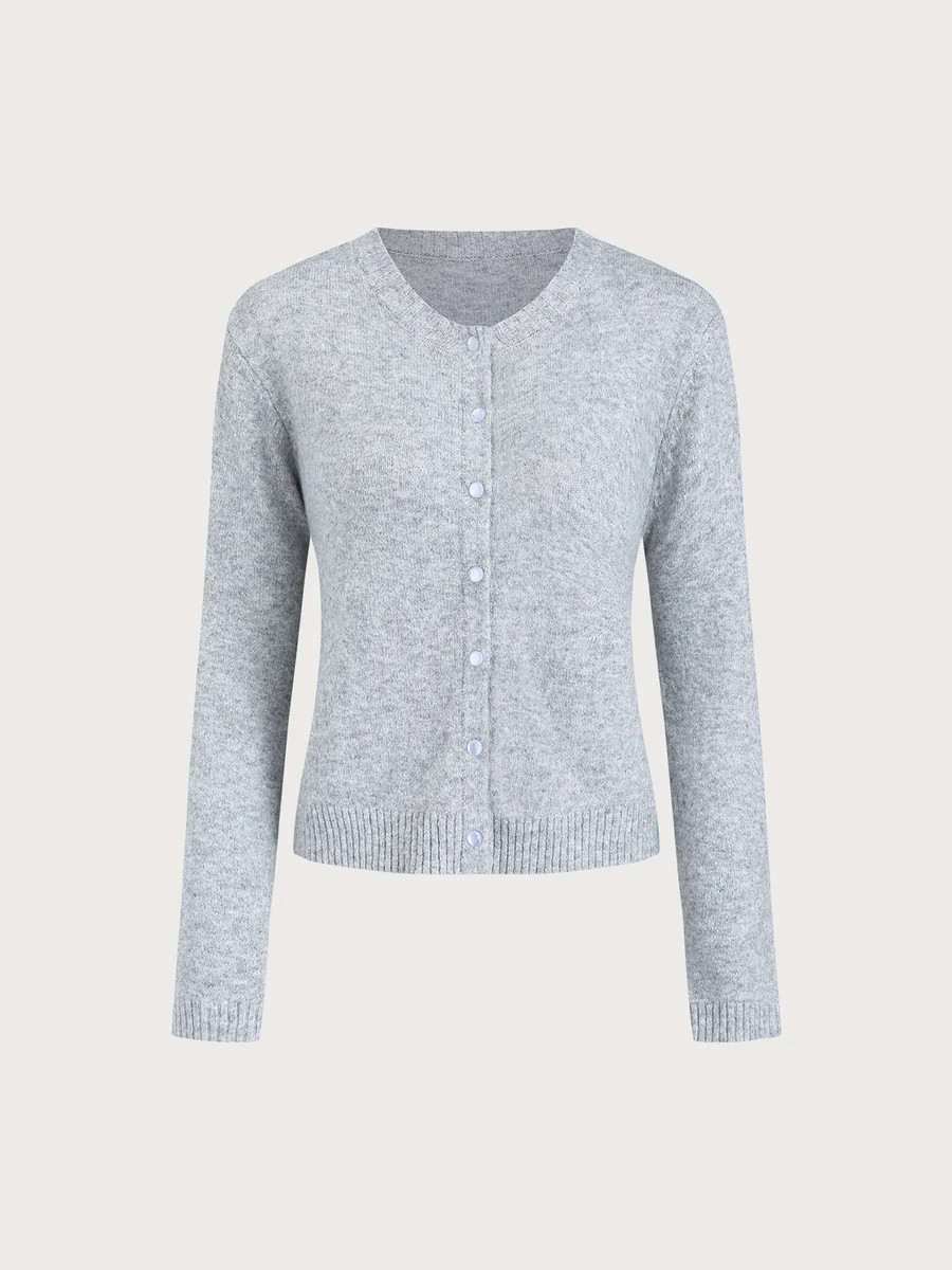 Grey Round Neck Ribbed Knit Cardigan | rihoas.com