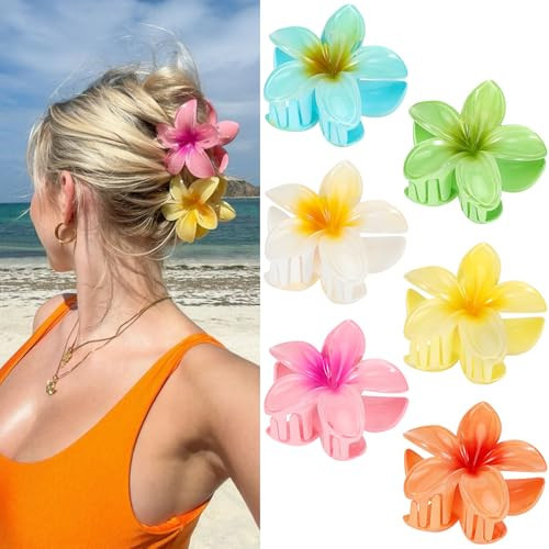 Flower Hair Clips for Women 6 Pack Hawaiian Flower Clips Plumeria Claw Clips for Thin Hair Preppy Claw Clip for Thick Hair Hibiscus Hair Accessories for Girls | Amazon (US)