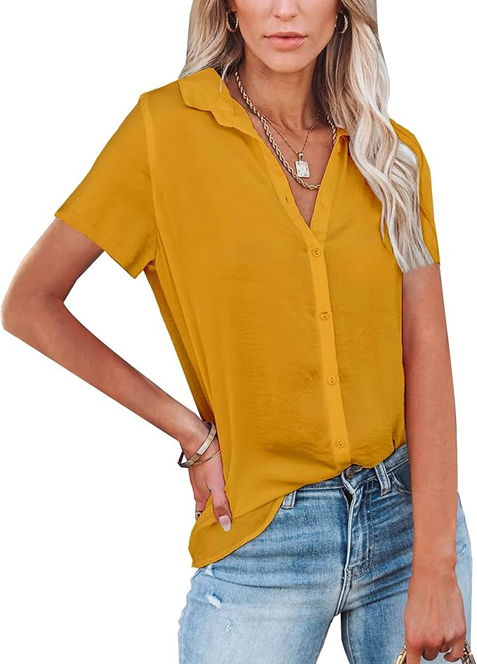 Diosun Womens Button Down V Neck Shirts Long/Short Sleeve Office Casual Business Plain Blouses To... | Amazon (US)