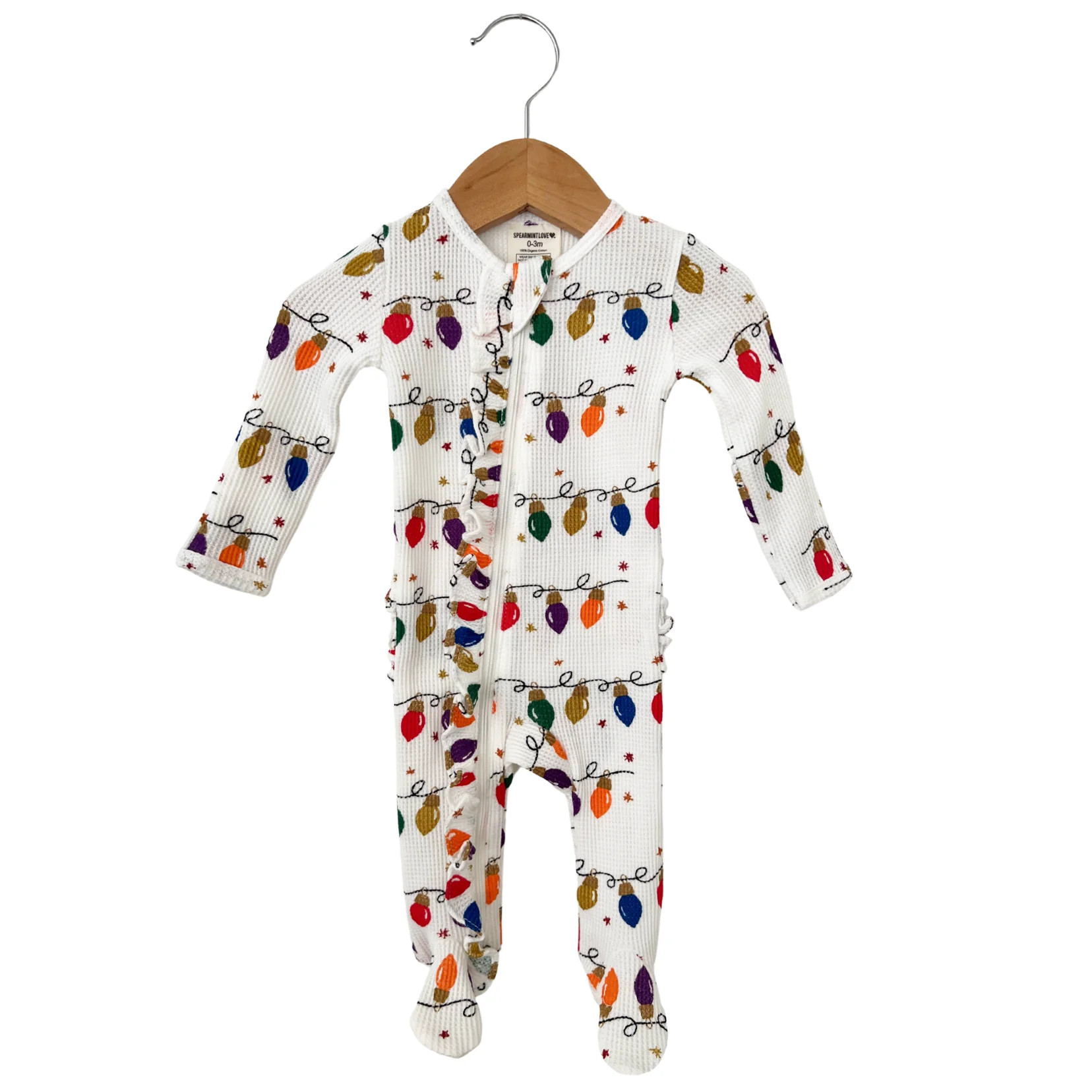 Organic Waffle Ruffle Zip Footie, Christmas Lights | SpearmintLOVE