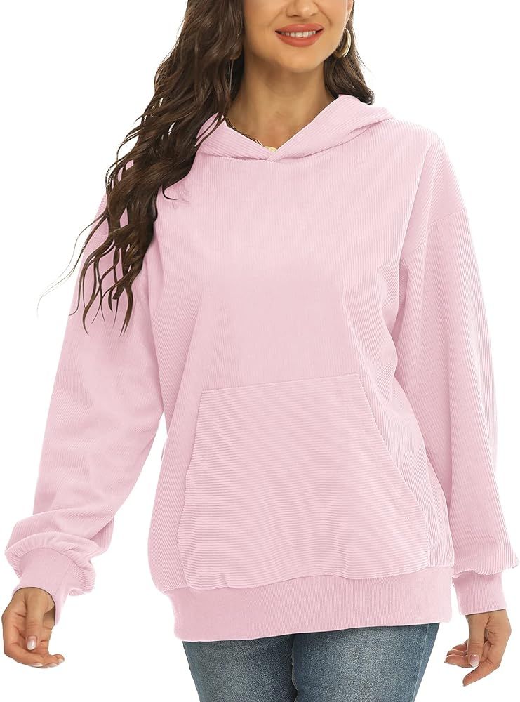 Amazon.com: LUKYCILD Womens Corduroy Hoodie Solid Color Long Sleeve Sweatshirt Ribbed Pullover To... | Amazon (US)