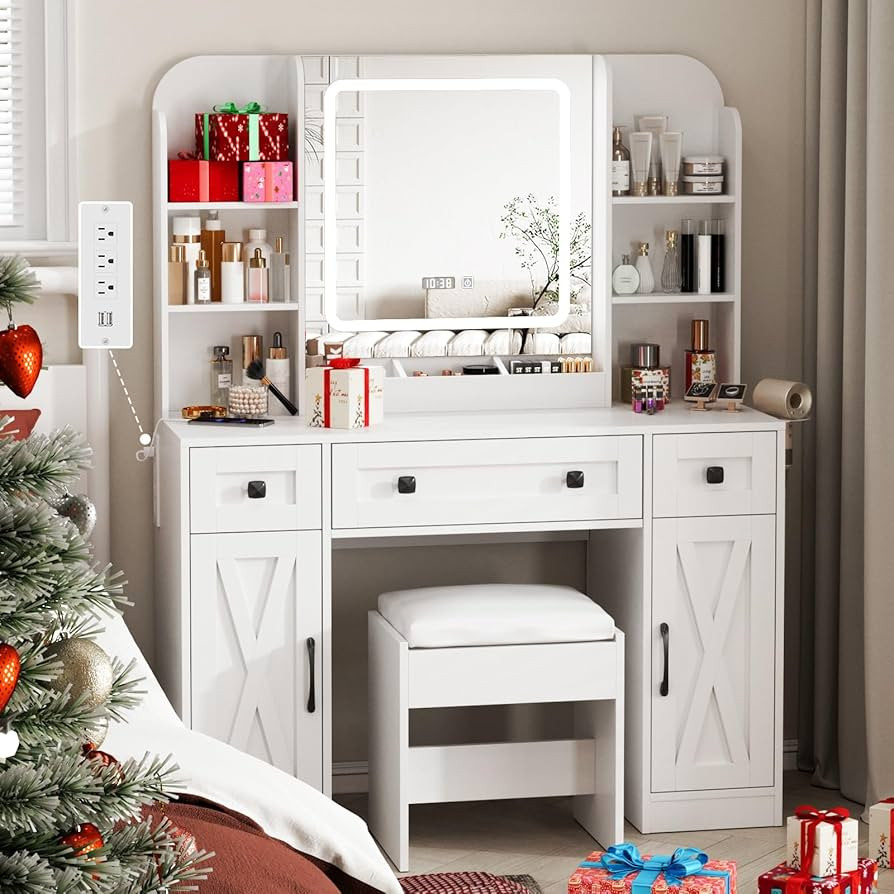 Vabches Makeup Vanity Desk, Vanity Mirror with Lights Desk and Chair,Makeup Table with 3 Large Dr... | Amazon (US)
