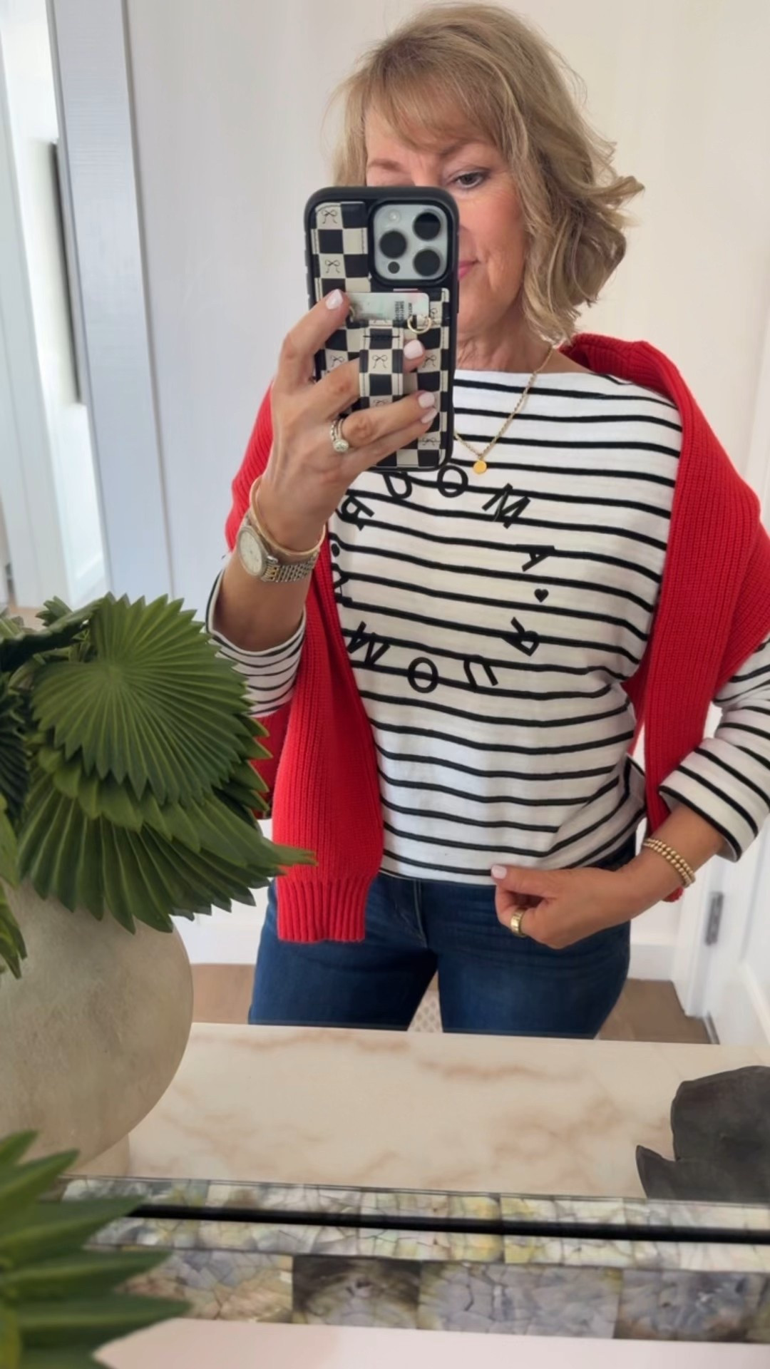 Valentine’s Day look or casual everyday look on sale! Red cotton cardigan, perfect layer for any season and black and white body neck tee. 

#LTKValentine #LTKSaleAlert #LTKOver40