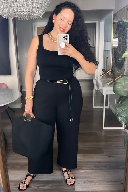 All black outfit with gold accessories. Wide leg pants, square neck tank, embellished gold stud sandals. 

Wearing size XL in the pant, M tank (runs big, I’m usually at least a L on top).

#curvystyle #curvyfashion #plussize

#LTKmidsize #LTKover40 #LTKcurves