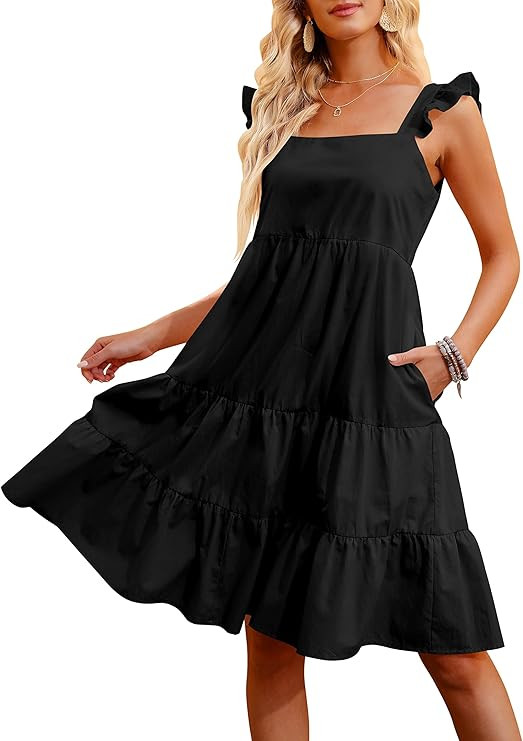 ANRABESS Womens Summer Babydoll Tiered Mini Dress Square Neck Strap Ruffle Sleeve Pleated Swing T... | Amazon (US)