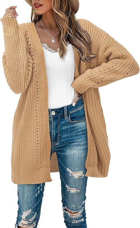 LAISHEN Women's Open Front Long Batwing Sleeve Chunky Knit Cardigan Sweater Casual Coats Outwear wit | Amazon (US)