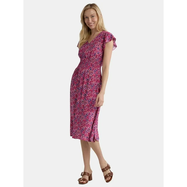 Time and Tru Women's and Women's Plus Smocked Waist Midi Dress with Short Sleeves, Sizes XS-4X - ... | Walmart (US)