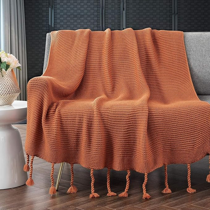 RUDONG M Knitted Throw Blanket with Fringe, Rust Orange Knit Throw Blanket for Couch Bed Sofa 50"... | Amazon (US)