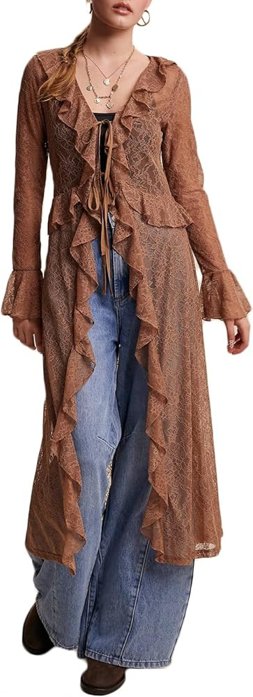 Women Sheer Mesh Long Kimono Cardigan Hobo Flowy Ruffle Lace Duster Robe Sexy Long Sleeve Tie Fro... | Amazon (US)