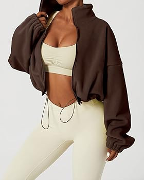 QINSEN Women's Full Zip Fleece Short Jacket Warm Winter Long Sleeve Stand Collar Sherpa Crop Coat | Amazon (US)