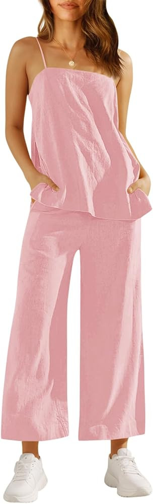 Imily Bela Womens 2 Piece Outfits Linen Set Camisole Tops and Wide Leg Pants Vacation Matching Lo... | Amazon (US)