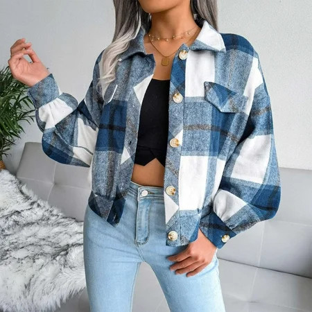 Wjhwsx Checkered Jacket for Women Fall Fashion Western Button Down Flannel Shacket Long Sleeve Shirt | Walmart (US)