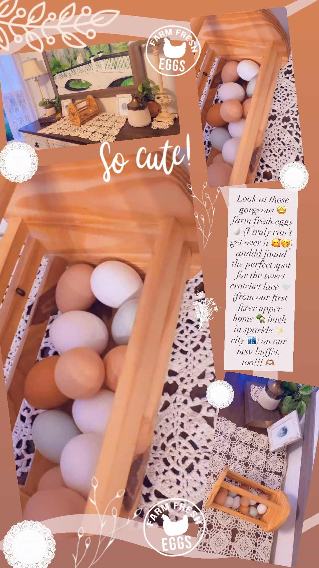 Look at those gorgeous 🤩 farm fresh eggs 🥚 (I truly can’t get over it 🥰🤭) anddd found the perfect spot for the sweet crotchet lace 🤍 (from our first fixer upper home 🏡 back in sparkle ✨ city 🏙️) on our new buffet, too!!! 🫶🏽