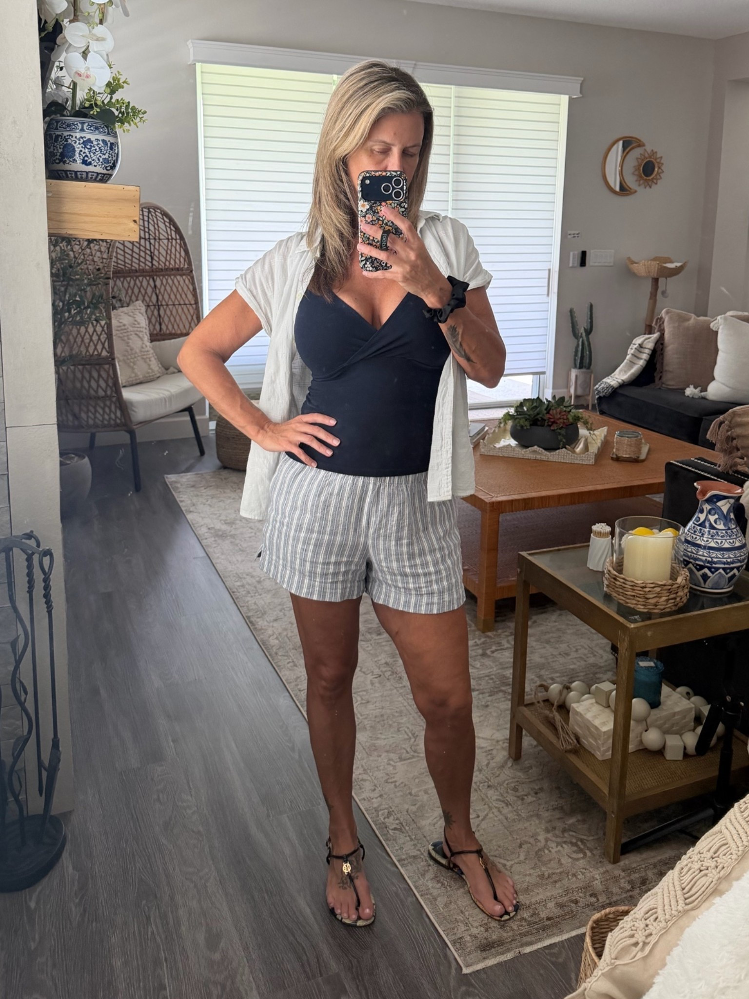 Summer light linen shorts with navy tank and white linen button down for warm weather layering. #linen #linenshorts #tank #linenshirt #sandals #ootd #wiw #summerstyle #summerfashion

#LTKootd #LTKOver40 #LTKSeasonal