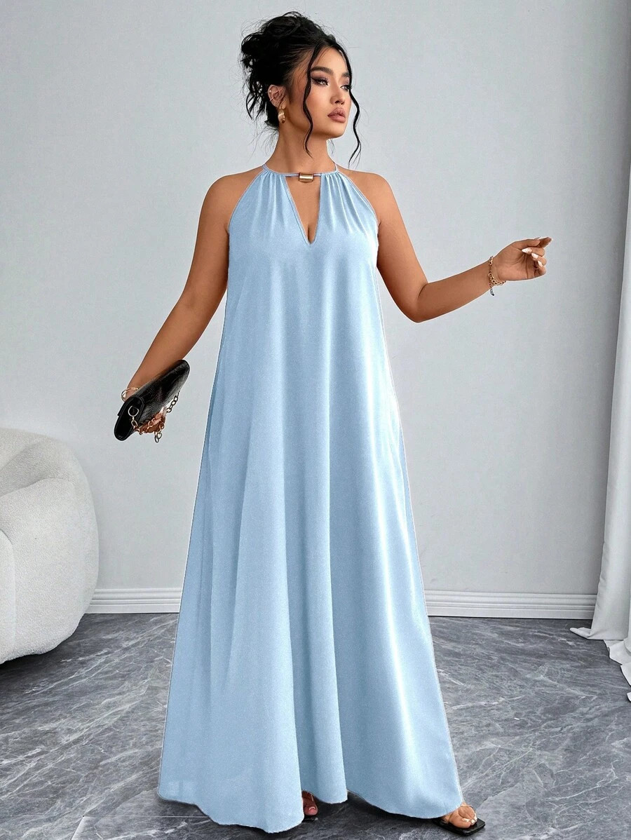 Elenzga Plus Size Women Elegant Solid Color Halter Neck Sleeveless Loose Dress, Valentine's Red, ... | SHEIN