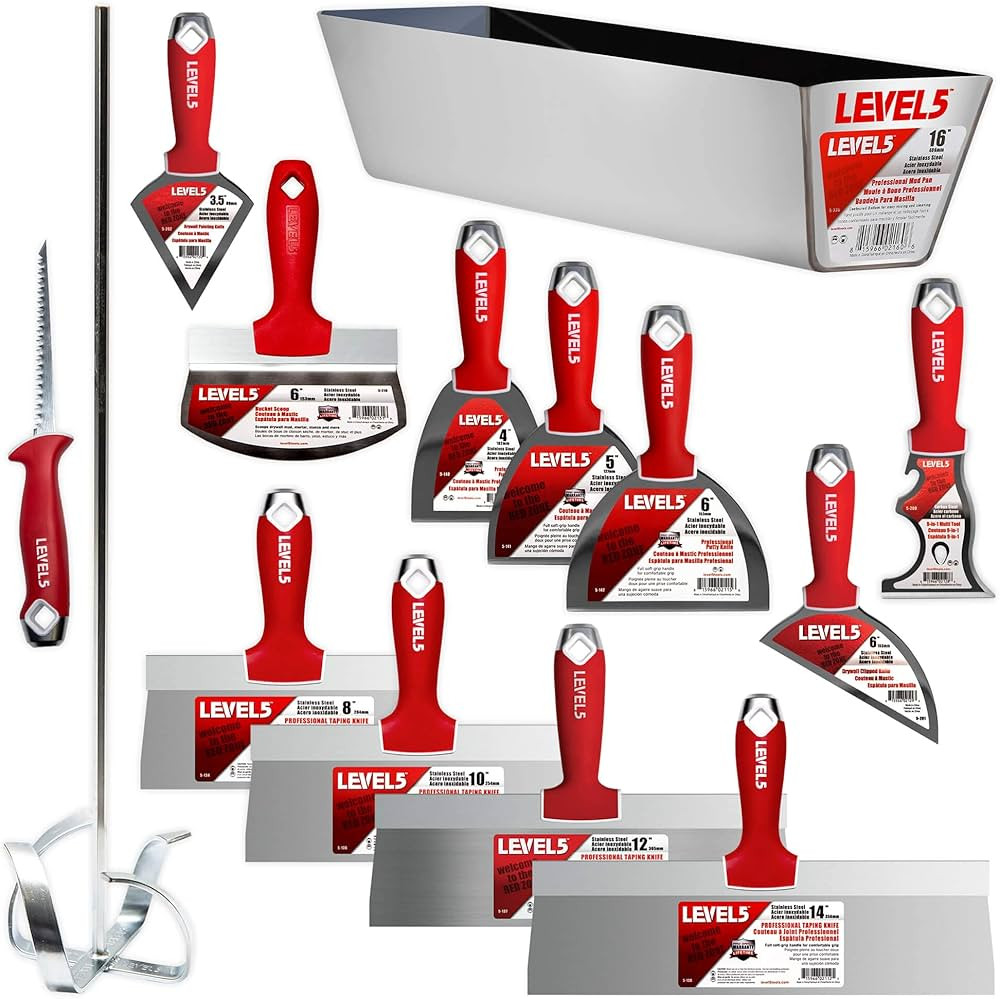 LEVEL5 Deluxe Drywall Hand Tool Set | Taping Knives, Joint Knives, Bucket Scoop, Mud Pan, Mixer, ... | Amazon (US)
