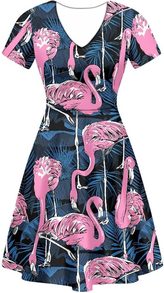 JooMeryer Women's Summer Casual Flamingo Print Dress Short Sleeve V-Neck A-Line Swing Dresses | Amazon (US)