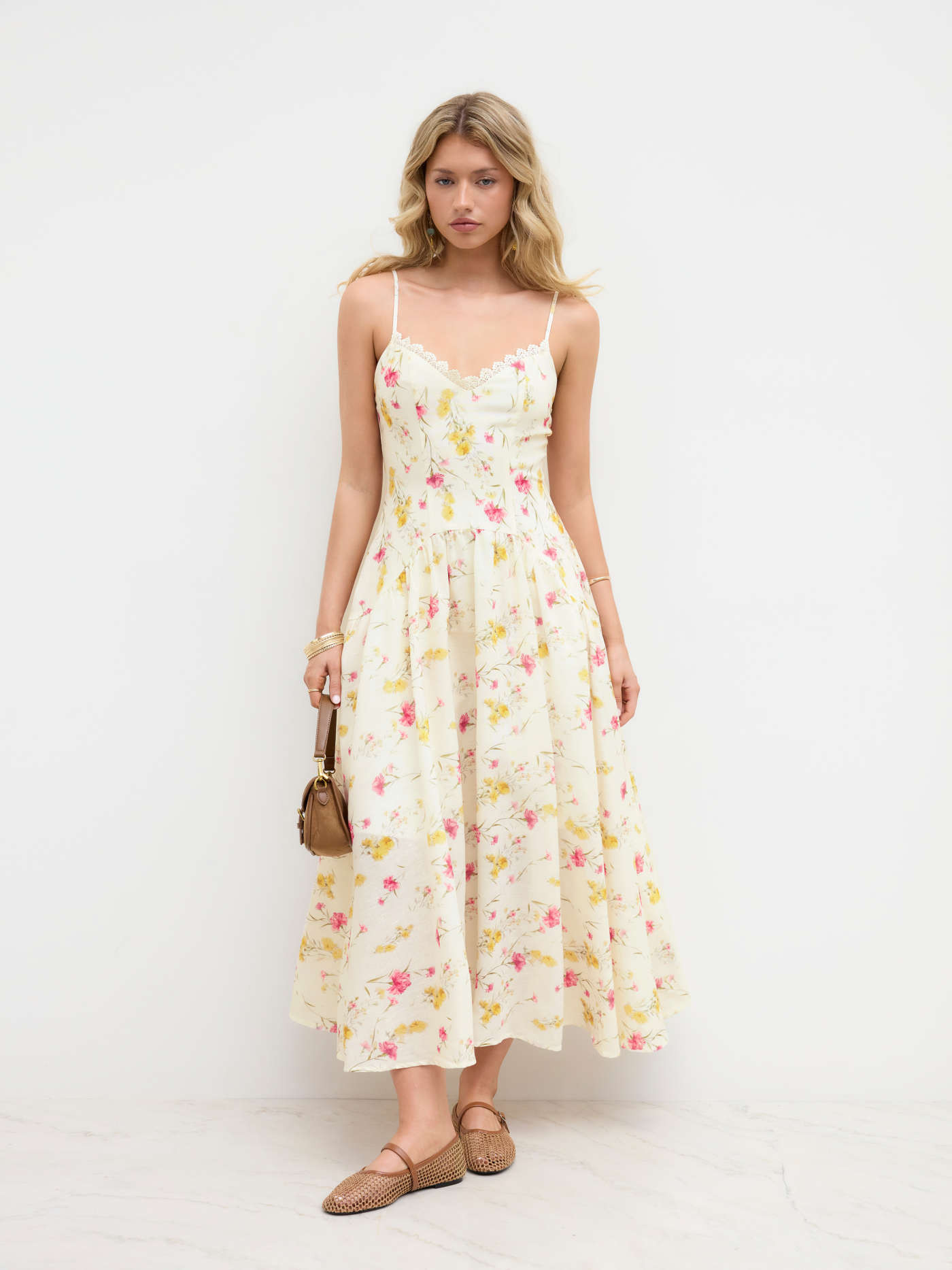 V-neck Floral Broderie Anglaise Trim Ruffle Midi Dress | Cider
