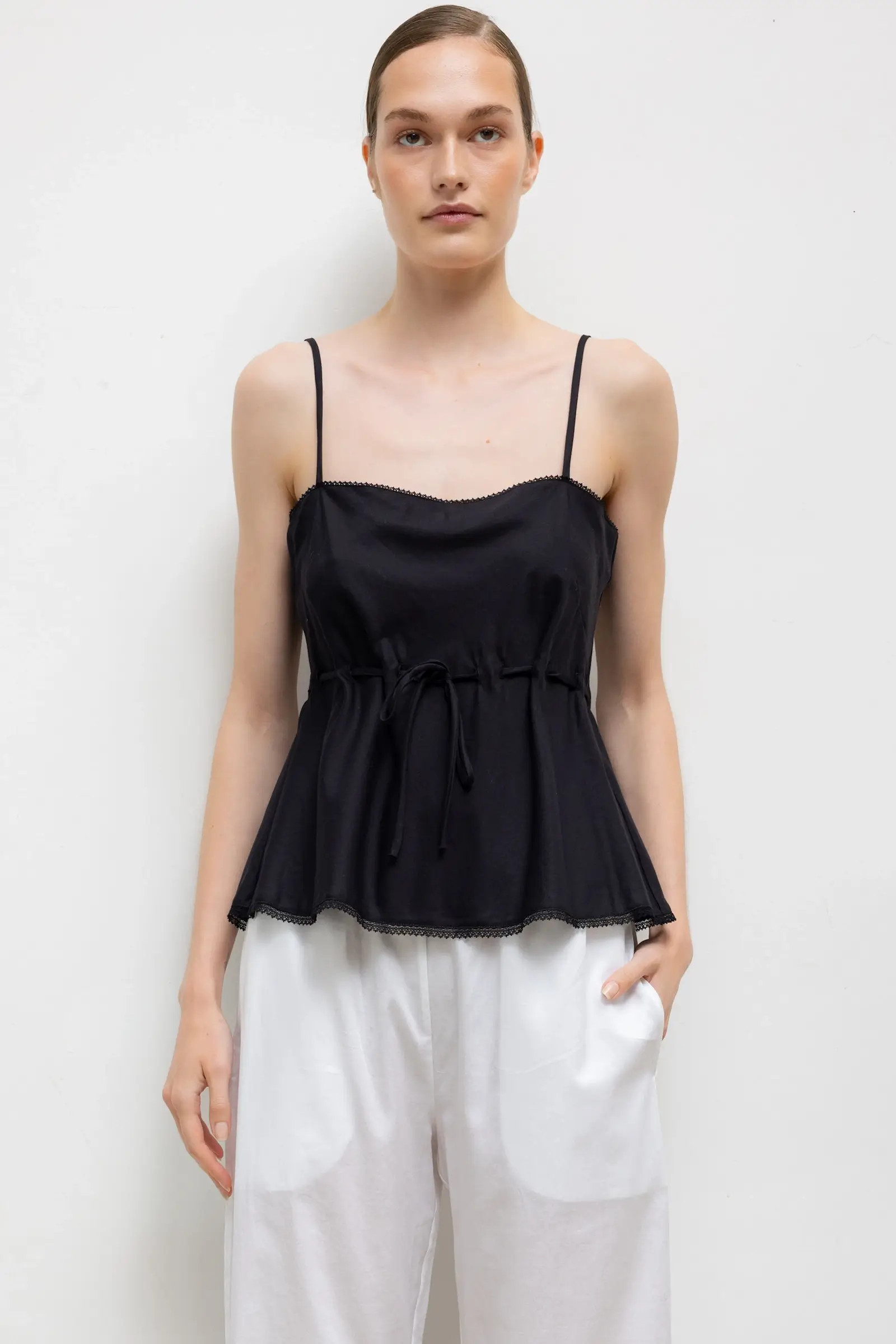 LESET Yoko Lace Tank Top in Black in Cotton | LESET