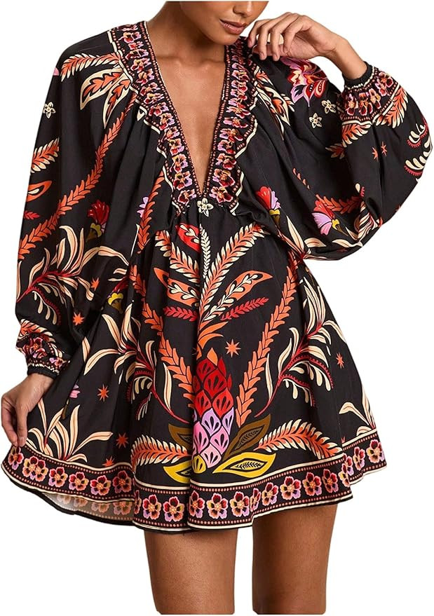 Women's Boho Floral V Neck Mini Dresses Bishop Sleeve Tie Open Back Tropical Dress | Amazon (US)