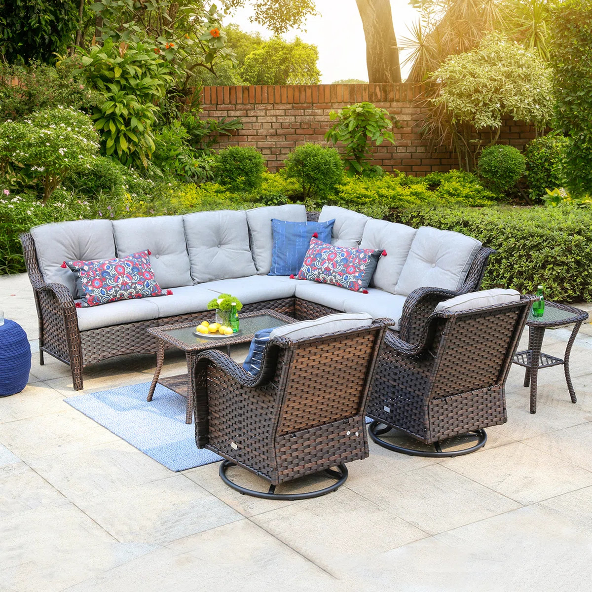 Ansis 8-Person HDPE Wicker Patio Sectional Group with Swivel Rocker Chairs | Wayfair North America