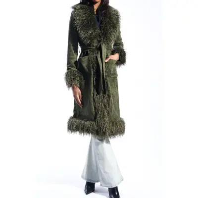 AZALEA WANG Belted Faux Suede Coat with Faux Fur Trim in Olive at Nordstrom, Size Large | Nordstrom