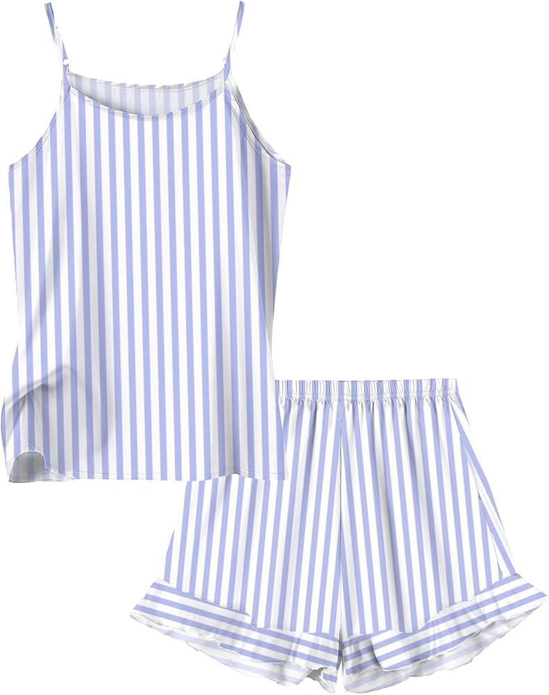 Umeyda Girls & Women Sexy Silk Satin Ruffled Pajamas Sets 2Pj Silk Nightwear Shorts Pjs Set Sleep... | Amazon (US)