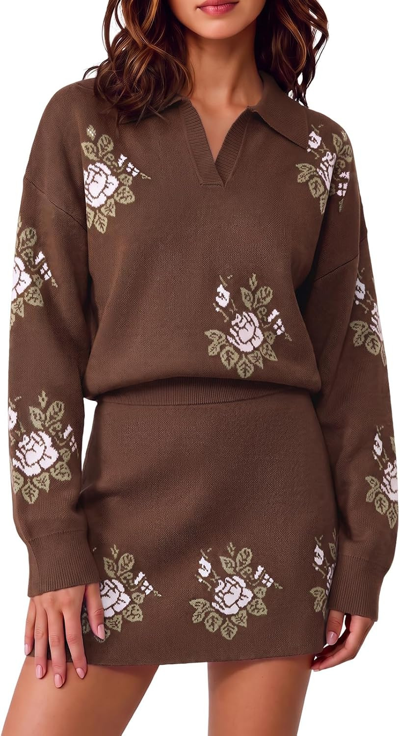 Wenrine Womens 2 Piece Outfits Floral Collared V Neck Fall Knit Skirt Sets | Amazon (US)
