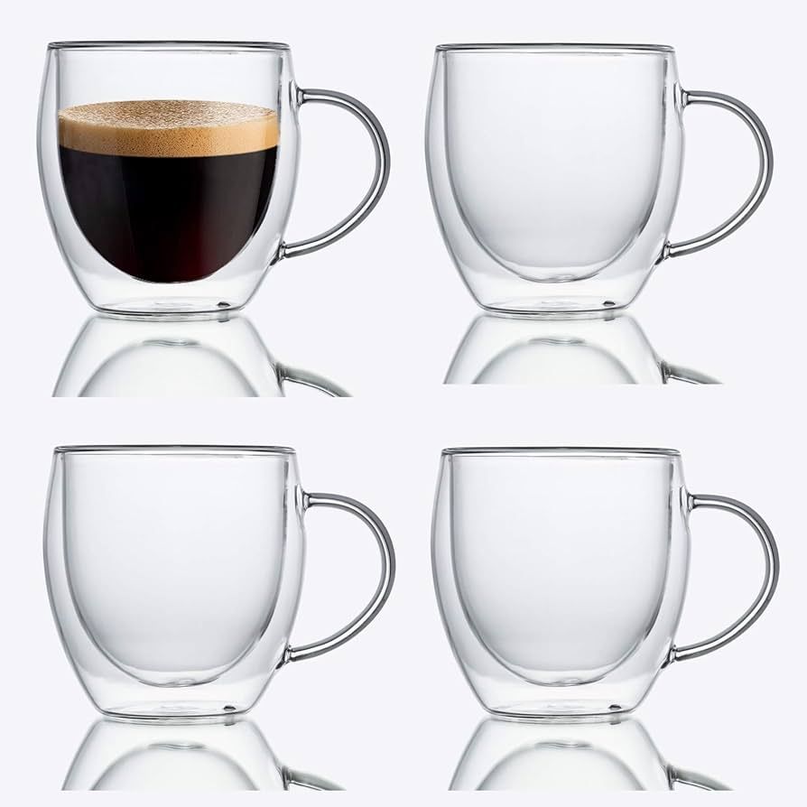 ZONEYILA Double Wall Glass Coffee Mugs Set with Handle, 8oz Tea Cups, Clear Glass Drinkware for E... | Amazon (US)