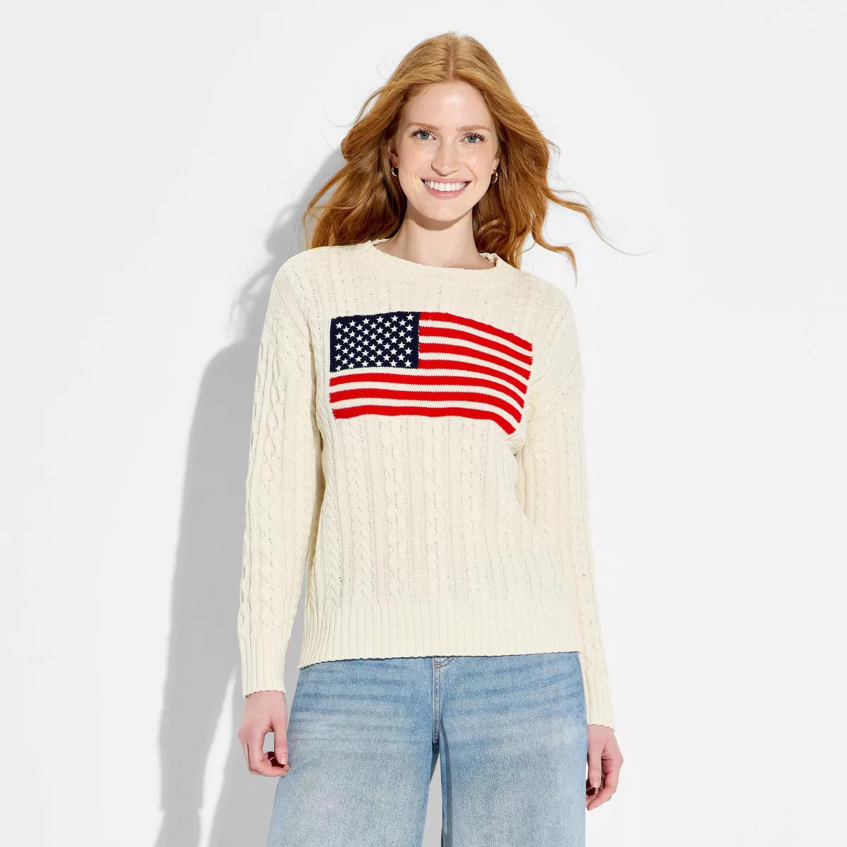 Women's Crewneck Americana Flag Pullover Sweater - Wild Fable™ Dark Off-White Flags S | Target