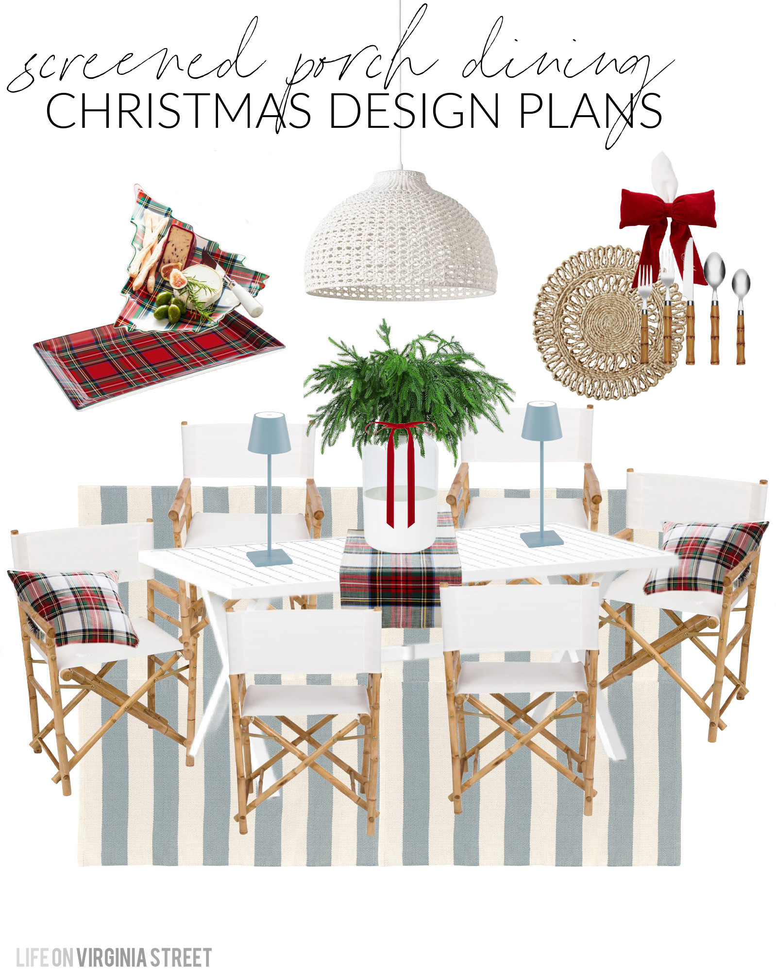 My Christmas decorating plans for our screened-in porch dining room! We love to eat outside in the fall and winter in Florida so I wanted to decorate our white ourdoor dining table and bamboo folding chairs with a Stewart plaid table runner, plaid serving dishes, velvet bow napkin ring, outdoor plaid pillows, faux evergreen stems, my favorite cordless rechargeable table lamps, and pops of red velvet bows! See all of my 2024 Christmas design boards here: https://lifeonvirginiastreet.com/2024-christmas-design-boards/ #ltkholiday #ltkhome #ltksalealert #ltkfindsunder50 #ltkfindsunder100 #ltkstyletip #ltkseasonal 

 #LTKHoliday #LTKHome #LTKSaleAlert