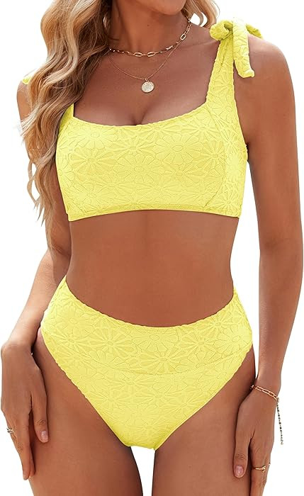 Blooming Jelly Womens High Waisted Bikini Set Tie Strap Jacquard Terry Cloth 2 Piece Swimsuit Mod... | Amazon (US)