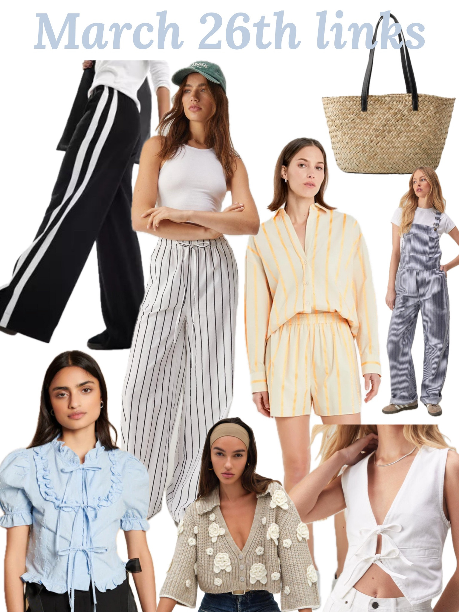 Links shared to my stories on 3/26. Linen Essentials, Timeless Stripes Style, Chic Striped Pants, Trendy Straw Bag Picks, Essential Straw Tote Finds, Stylish Woven Totes, Must-Have Beach Bags, Fashion-Forward Striped Linen Pants, Buttercream Yellow Trends, Elegant Tied Tops, Chic Puff Sleeve Tops, Casual Track Pant Favorites, Summer Linen Favorites, Nautical Striped Fashion, Versatile Striped Trousers, Beach-Ready Straw Accessories, Perfect Beach Tote Selections, Breezy Striped Linen Looks, Soft Buttercream Yellow Outfits, Flattering Tied Top Choices, Statement Puff Sleeve Fashion, Athleisure Track Pant Styles.

#LTKfindsunder100 #LTKstyletip #LTKsalealert