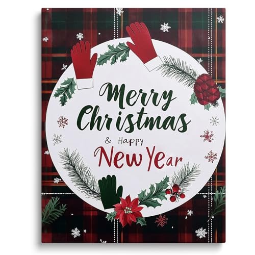 Christmas Canvas Wall Decor Festive Print, Merry Christmas & Happy New Year, Red Green Gloves Winter Theme, Pine Branches Wreath Poster Framed Holiday Decor for Living Room and Bedroom 24x30inch | Amazon (US)