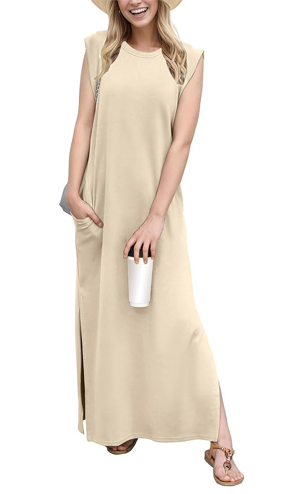 GRECERELLE 2025 Women Year-Round Casual Round Neck Loose Split Wrinkle-Free Long Maxi Vacation Dr... | Amazon (US)
