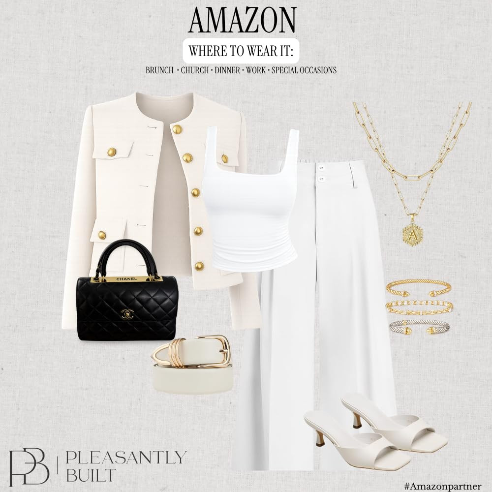 Timeless white-on-white 🤍✨ This chic look pairs crisp white trousers with a classic white tank and a textured white tweed cropped blazer for an effortlessly polished finish. Add your favorite accessories for a sophisticated outfit that works for brunch, lunch dates, shopping, or a night out!
#AmazonFashion #AmazonFinds #AmazonFashionFinds #WomensFashion #WhiteOnWhite #WhiteTrousers #WhitePants #WhiteTank #TweedBlazer #CroppedBlazer #WhiteBlazer #SummerStyle #SummerOutfit #ElegantStyle #PolishedStyle #CasualChic #EffortlessStyle #AmazonStyle #AffordableFashion #FashionFinds #OutfitInspiration #StyleInspo #SummerWardrobe #FashionAccessories #LTKFinds #LTKFashion #ShopAmazon #pleasantllybuilt 

 #LTKootd #LTKWorkwear