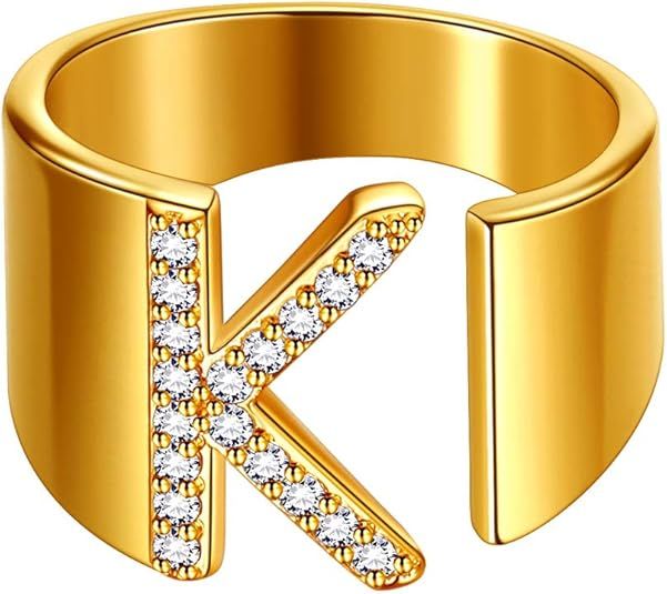 beautlace Letter Adjustable Rings 18K Gold Plated Initial Alphabet Open Ring with Cubic Zirconia ... | Amazon (US)