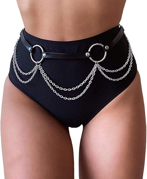 Reetan Punk Leather Body Chains Black Waist Chain Layered Nightclub Ring Belt Belly Chains Rave P... | Amazon (US)