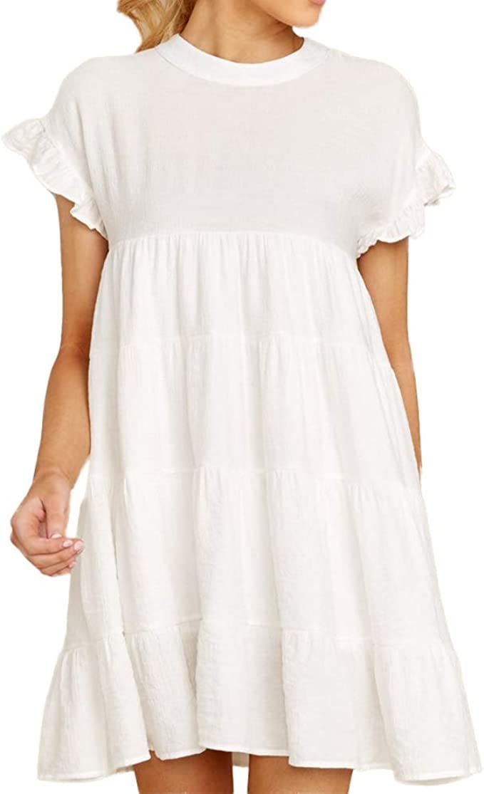 Joteisy Women's Babydoll Ruffle Short Sleeve Casual Loose Flowy Swing Hem O Neck Mini Dress | Amazon (US)