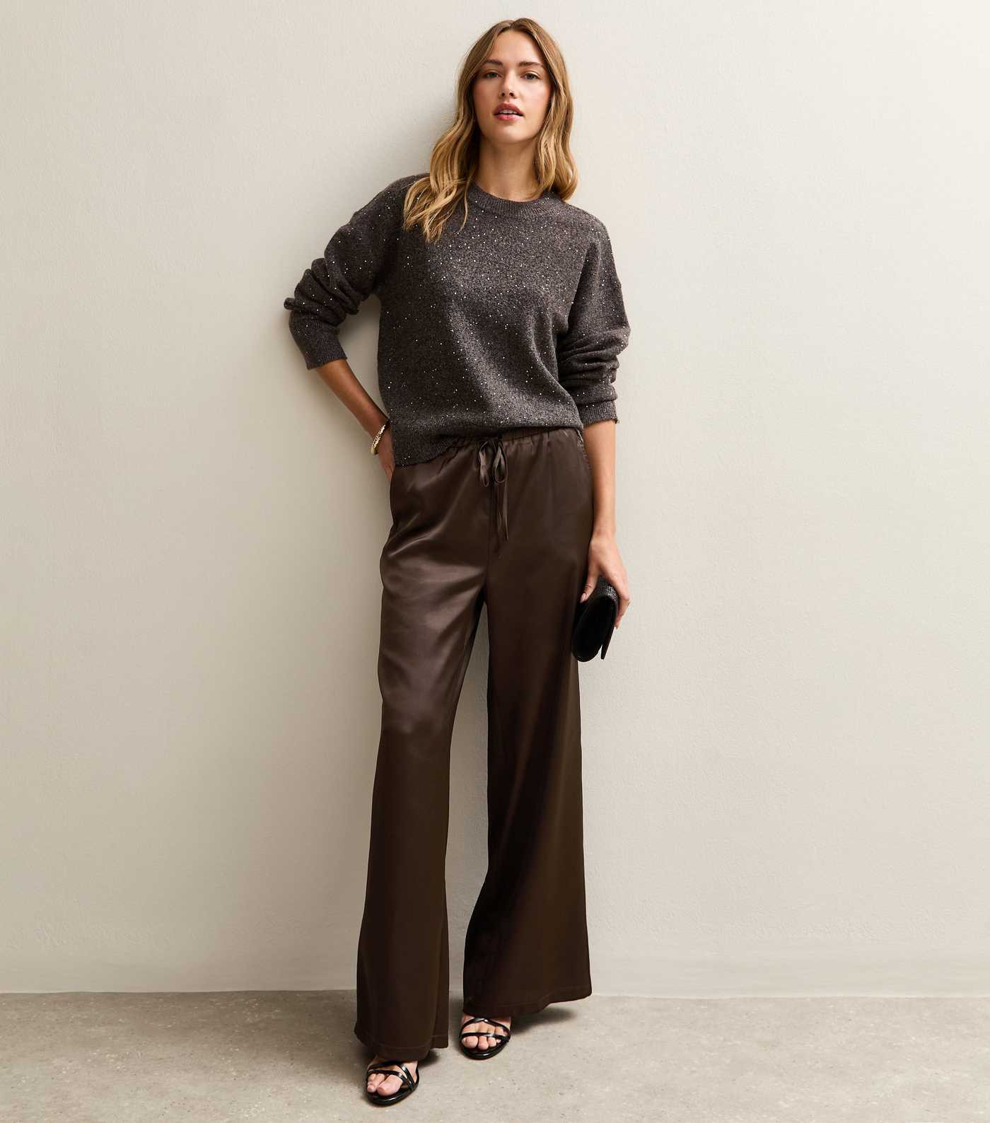 Dark Brown Satin Wide Leg Trousers | New Look | New Look (UK)