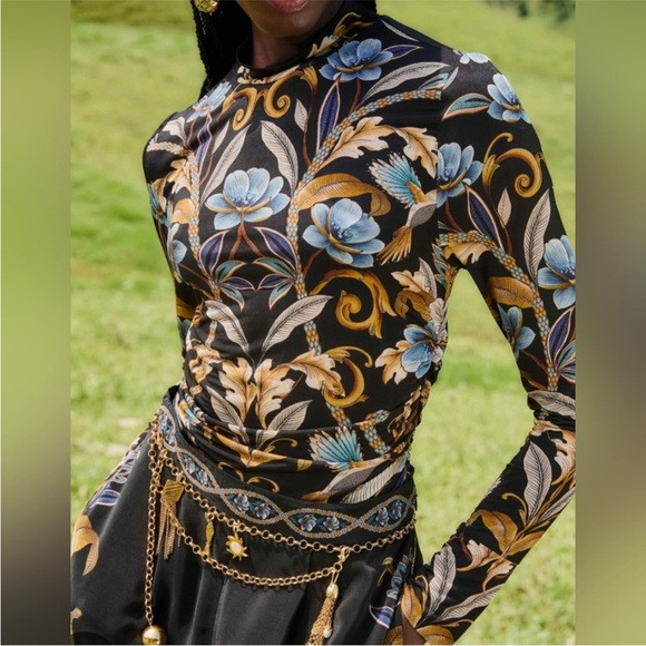 Farm Rio Snake Garden Jersey Top Floral Black Gold Medium Long Sleeve High Neck | Poshmark