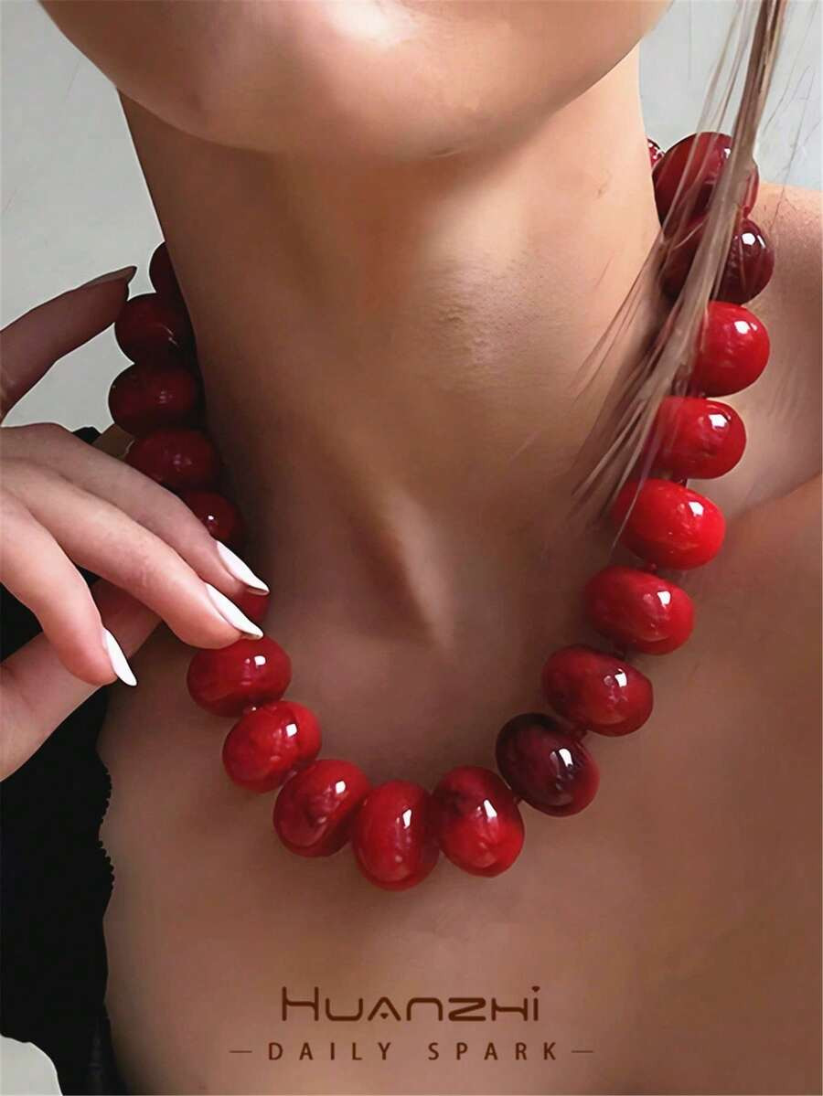 1pc Bohemian Fashion Casual Dopamine Colorful Resin Beaded Necklace, Large Bead Necklace, Exuding... | SHEIN